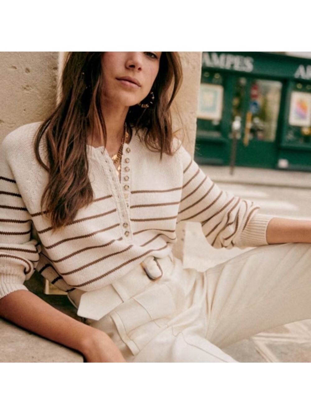 Sezane Cream Striped Knit Sweater with Brown Stripes